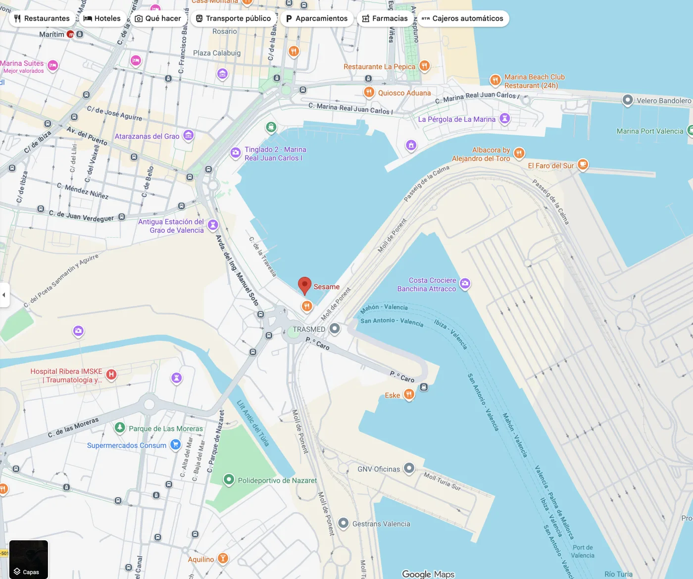 Mapa con la ubicación de Sesame en La Marina de Valencia