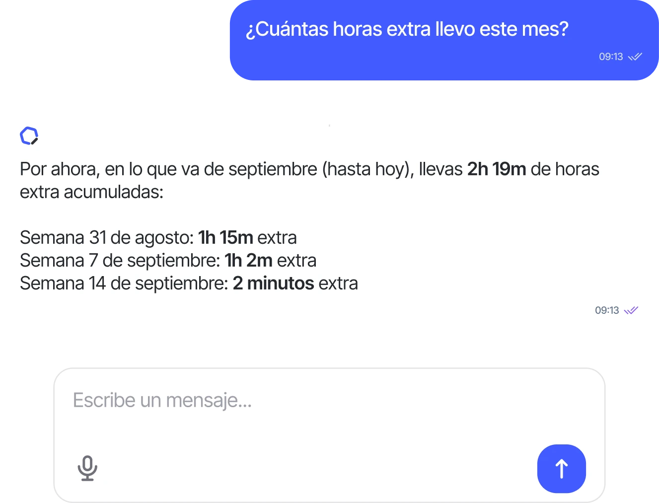 Chat de Sesame Intelligence respondiendo cuántas horas extra lleva acumuladas la persona