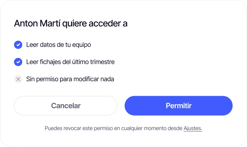 Diálogo de permisos: leer datos del equipo y fichajes, sin permiso para modificar nada