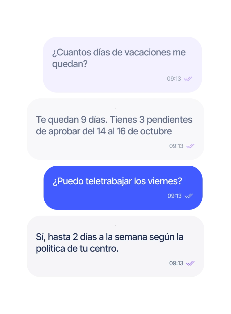 ¿Cuántos días de vacaciones me quedan? Te quedan 9 días. Tienes 3 pendientes de aprobar del 14 al 16 de octubre. ¿Puedo teletrabajar los viernes? Sí, hasta 2 días a la semana según la política de tu centro.