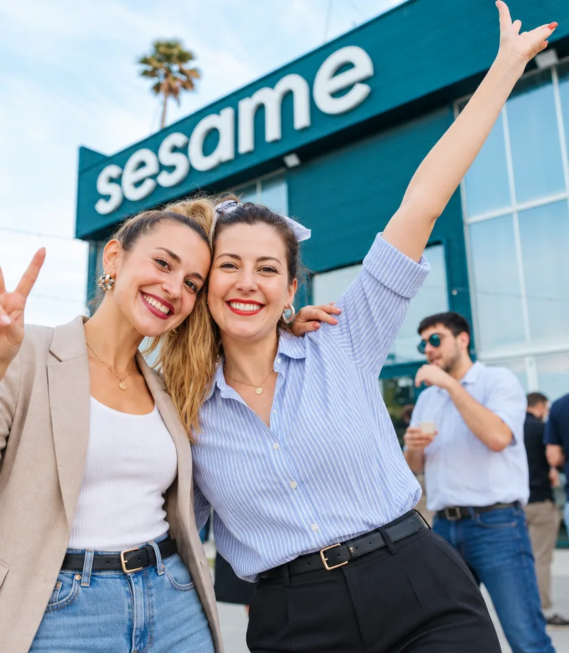 Dos compañeras de Sesame HR ante la fachada de las oficinas